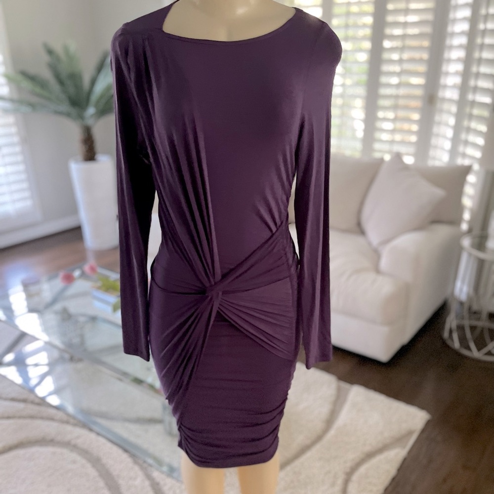 Purple fitted midi length dress